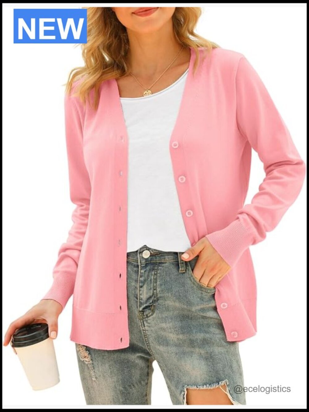 Long Sleeve Button Down V Neck Lightweight Knit Cardigan Sweater Women
